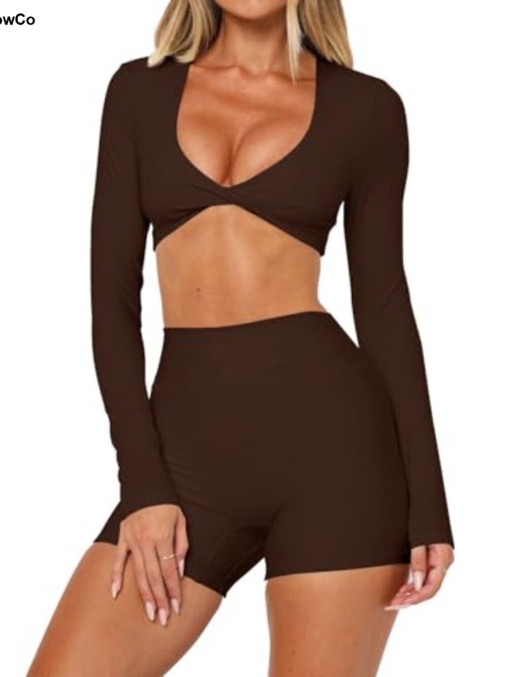 Long Sleeve Crop Workout Top Double Lined Twist Deep V Neck Yoga Athletic